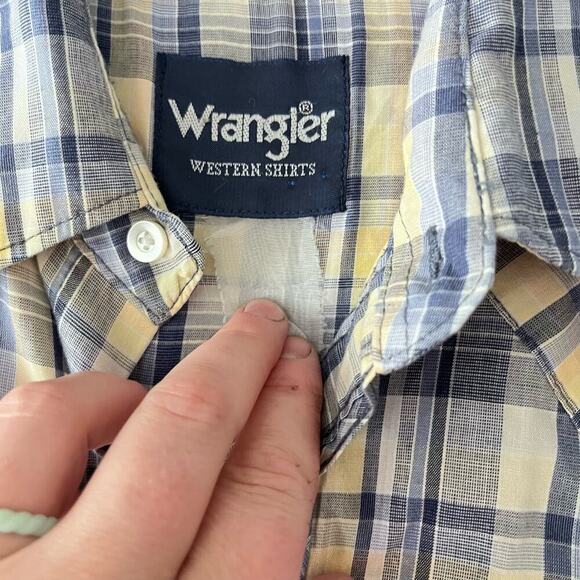 Vintage Wrangler Single Stitch Pearl Snap Western Blue Plaid Shirt Size Medium - Picture 4 of 5